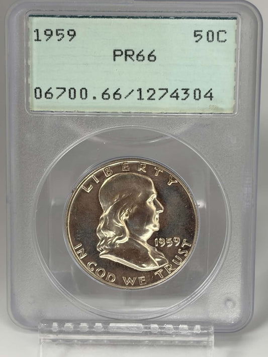 1959 Franklin half dollar obverse in green-label PCGS PR66 holder, certification 1274304