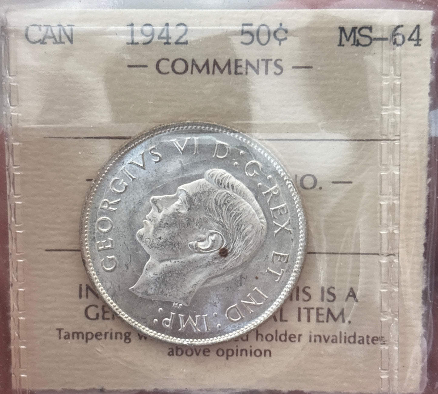 1942 Canada 50 Cent. ICCS graded MS-64