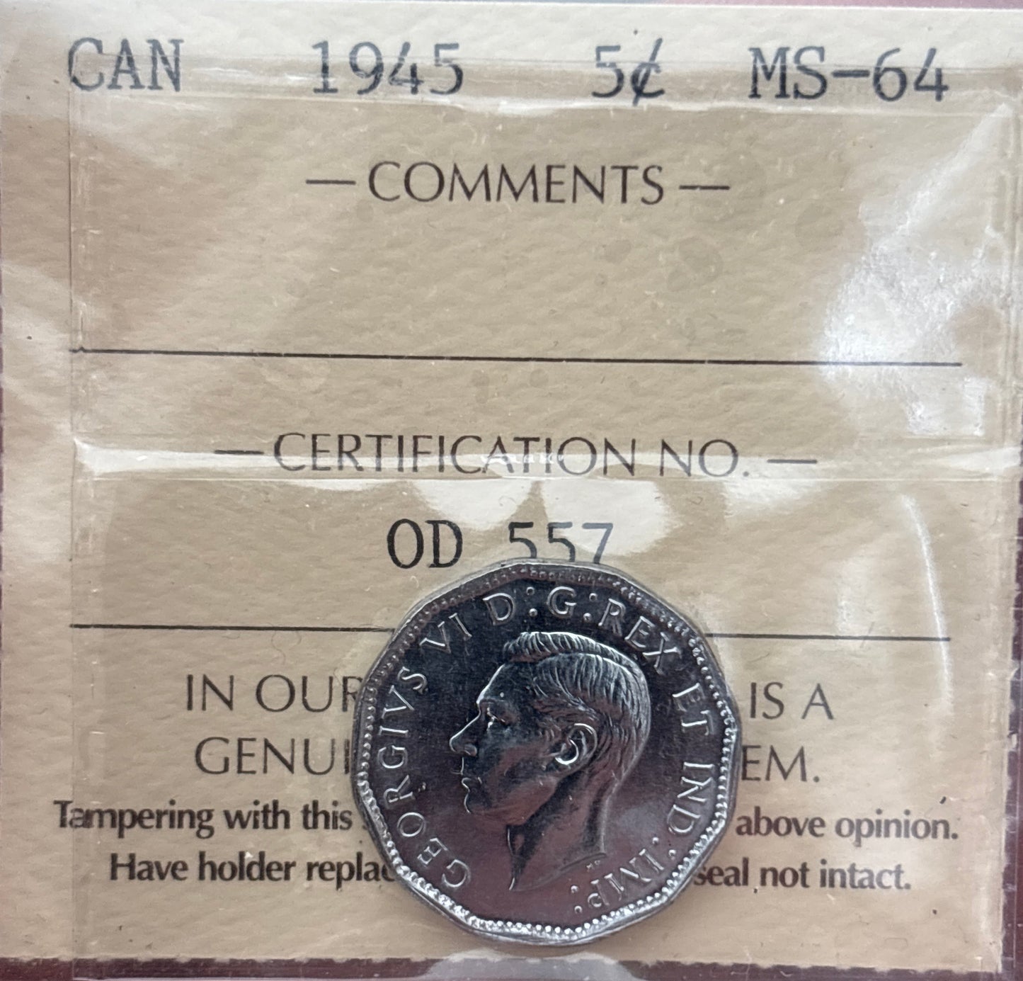 1945 Canada 5 Cent. ICCS graded MS-64