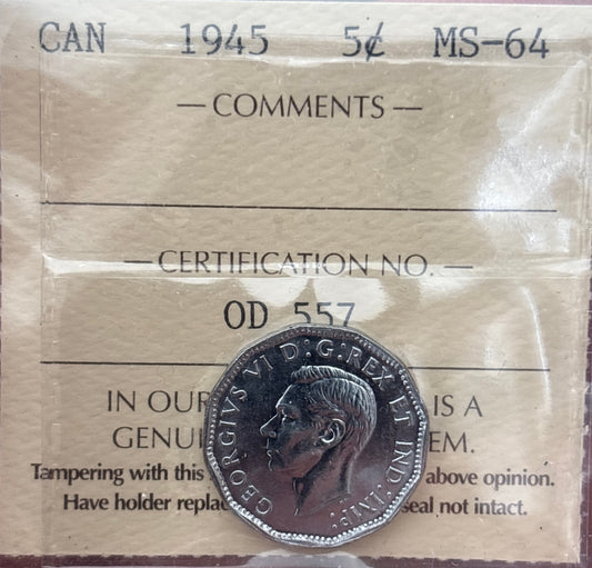 1945 Canada 5 Cent. ICCS graded MS-64