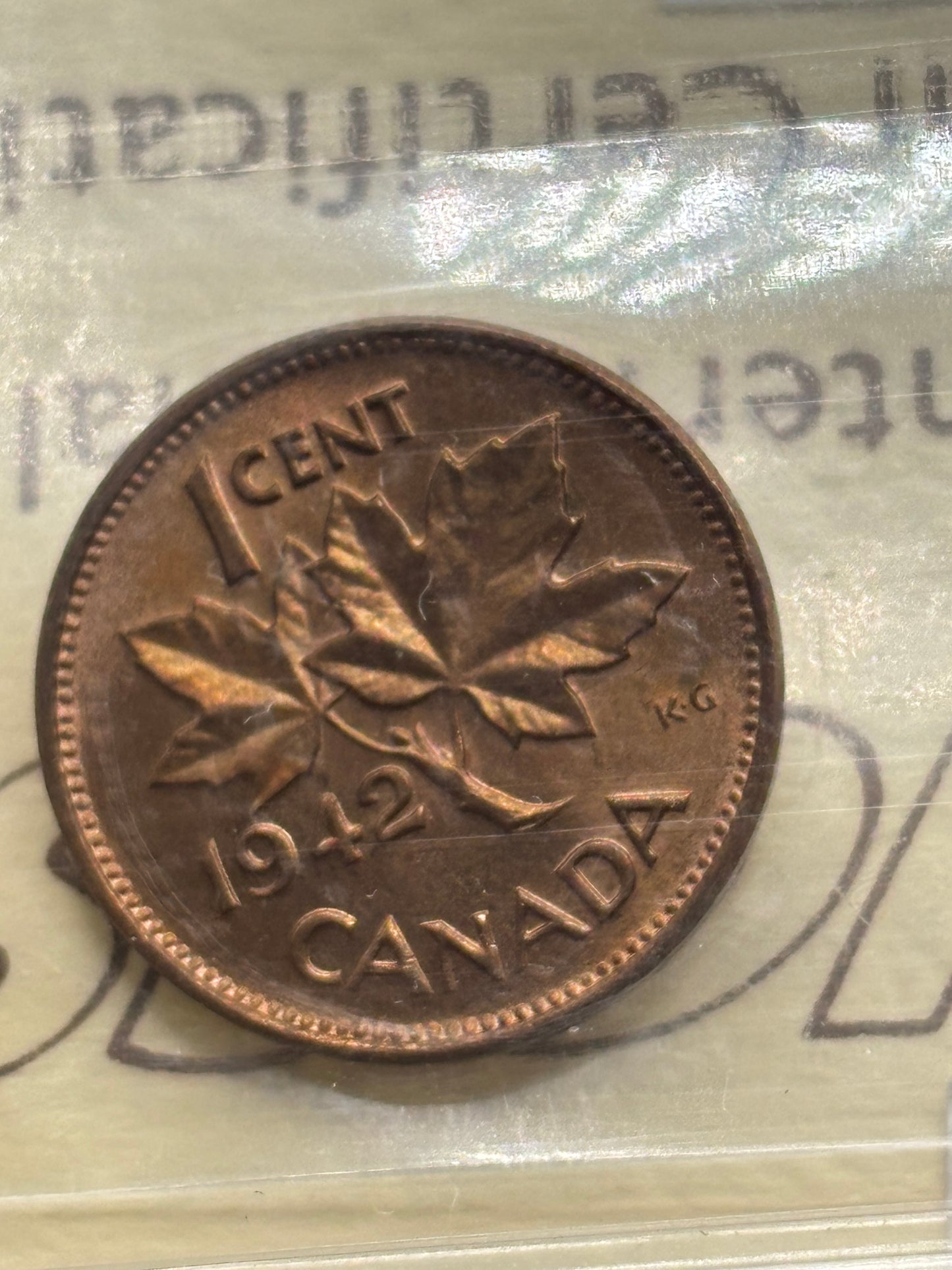 1942 Canada $0.01. ICCS graded MS-63 Red