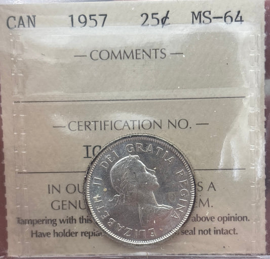 1957 Canada 25 Cent. ICCS graded MS-64