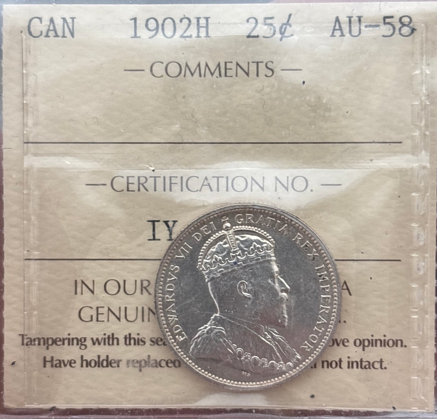1902H Canada 25 Cent. ICCS graded AU-58