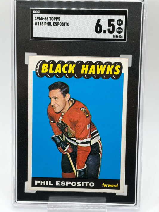 1965-66 Topps #116 Phil Esposito card reverse with bilingual statistics and SGC holder