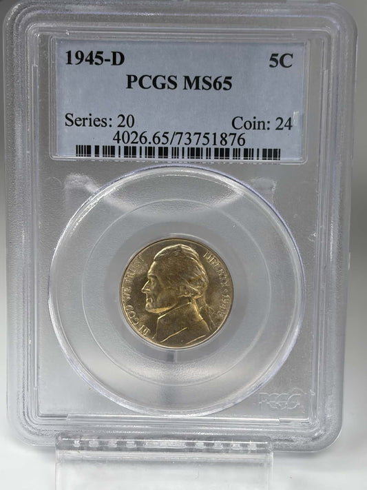 1945-D Jefferson silver war nickel reverse showing Monticello and large D mintmark in PCGS holder