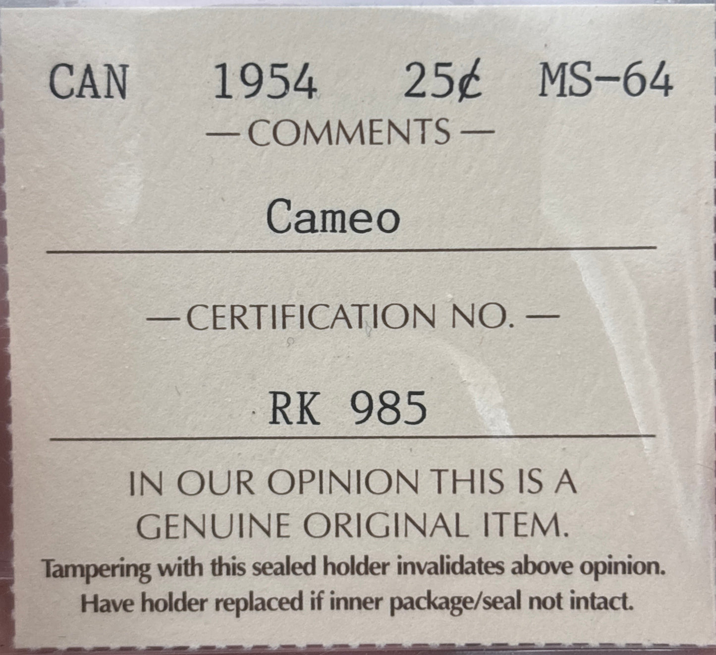 1954 Canada 25 Cent. ICCS graded MS-64 Cameo