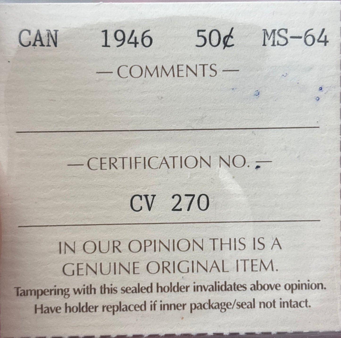 1946 Canada 50 Cent. ICCS graded MS-64