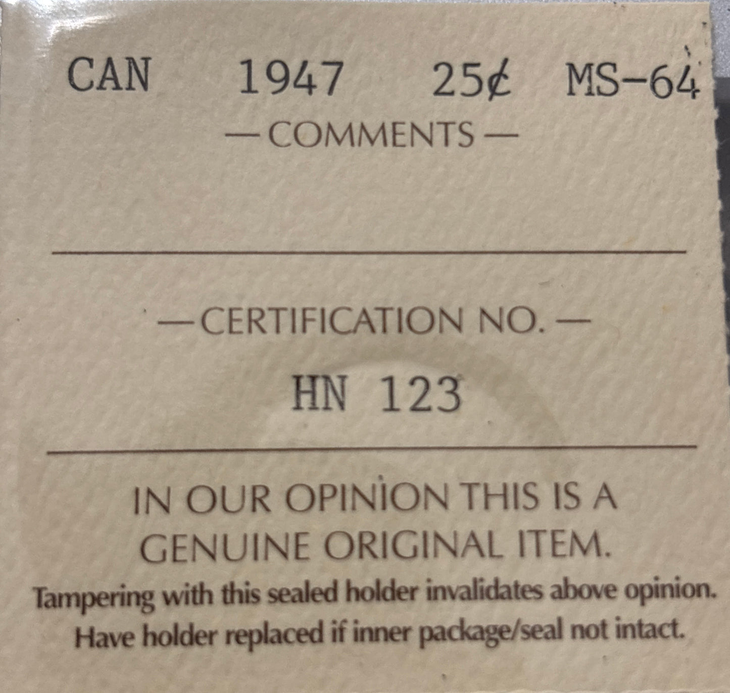 1947 Canada 25 Cent. ICCS graded MS-64