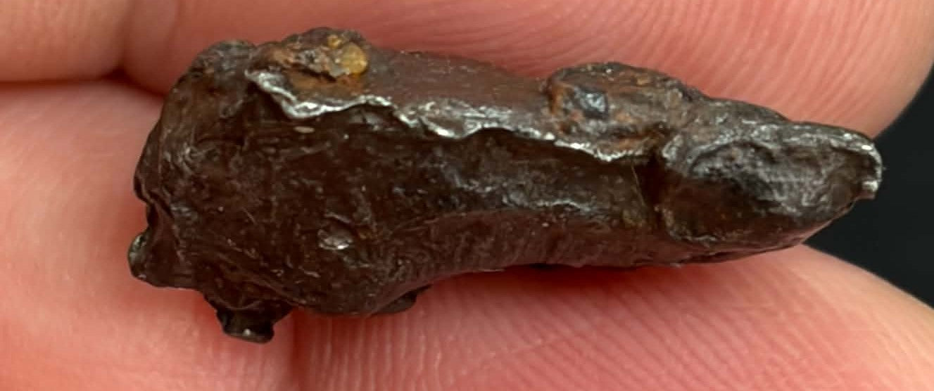 Sikhote-Alin iron meteorite 6.898g — reverse showing regmaglypts, held in fingers