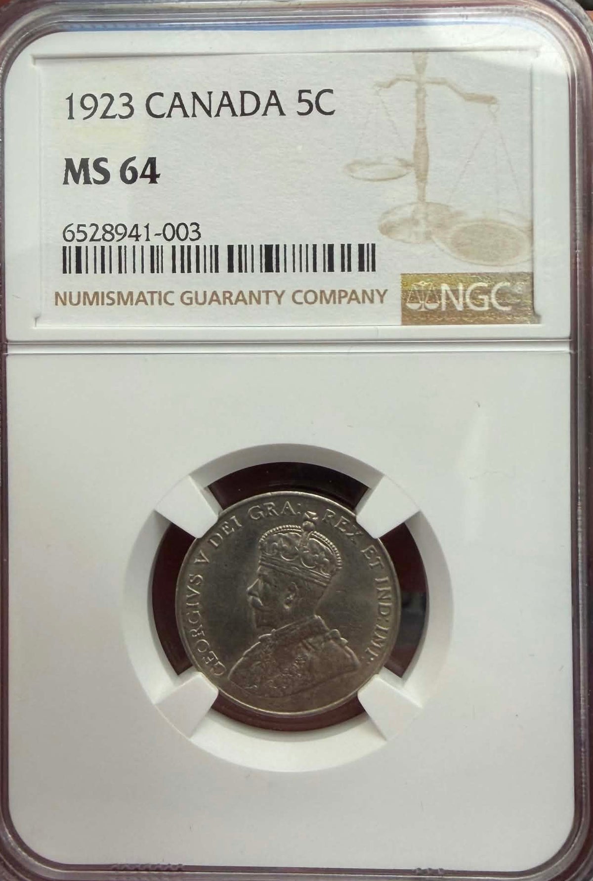 1923 Canada 5 Cents — NGC MS 64 | King George V | Key Date | Scarce | Nickel