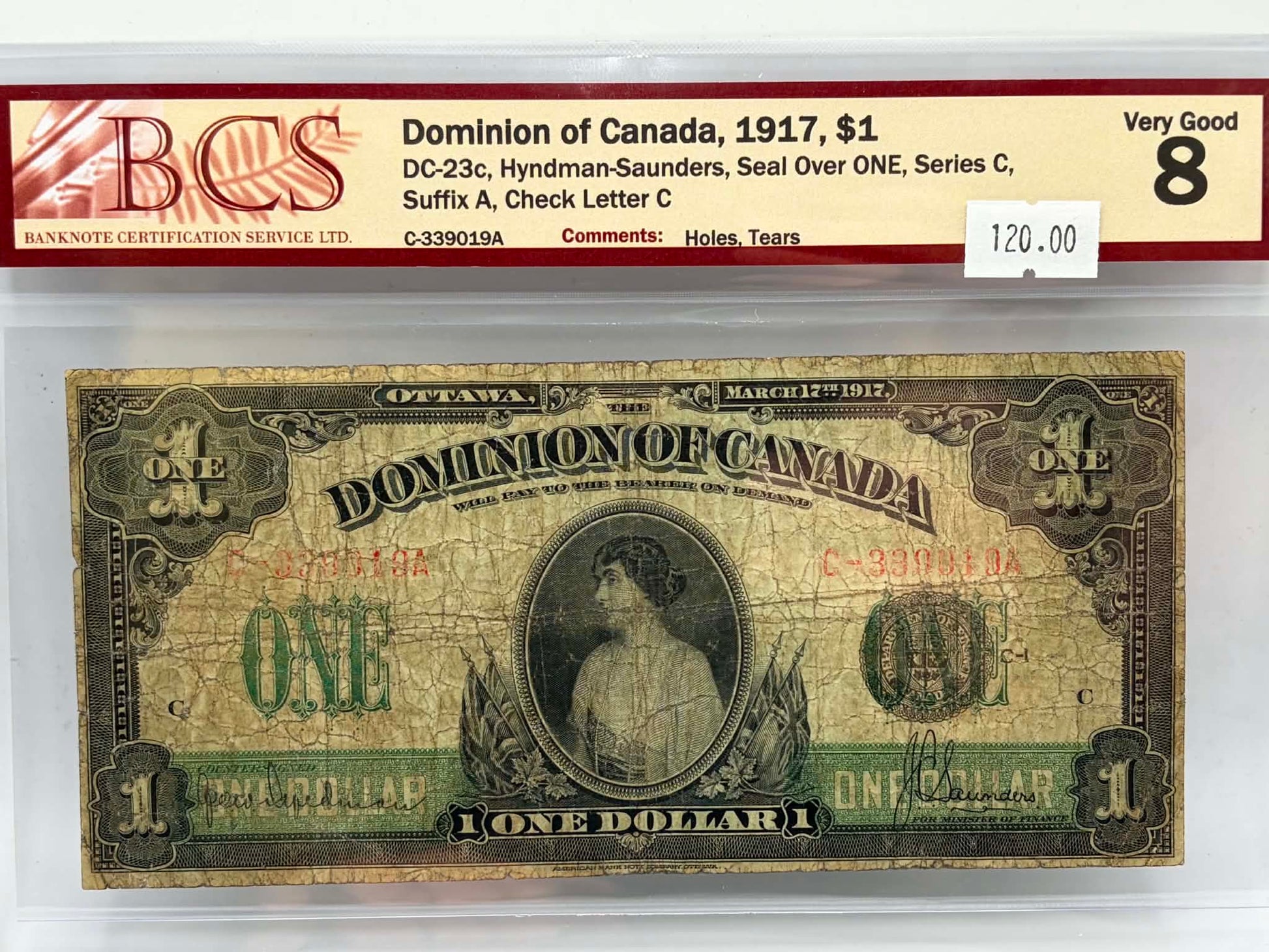 1917 Dominion of Canada $1 DC-23c Hyndman-Saunders Seal Over ONE BCS VG-8 - Obverse