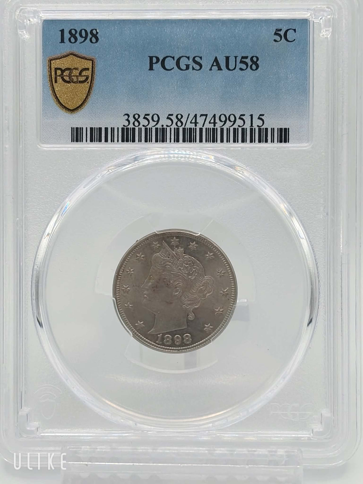 PCGS label — 1898 Liberty Head Nickel AU-58, Cert No. 47499515