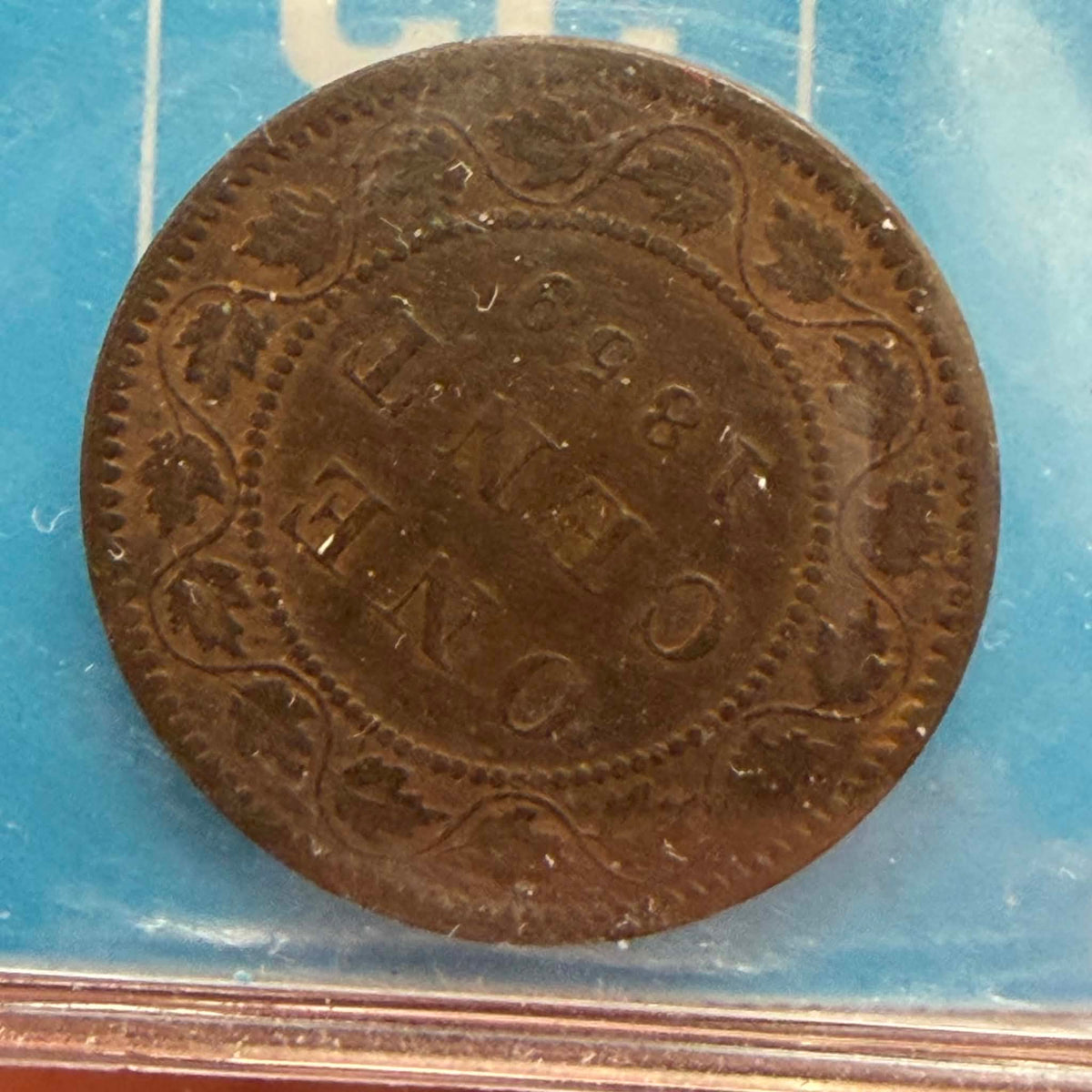 1859 Canadian 1 Cent — reverse showing ONE CENT CANADA 1859 maple wreath in CCCS holder