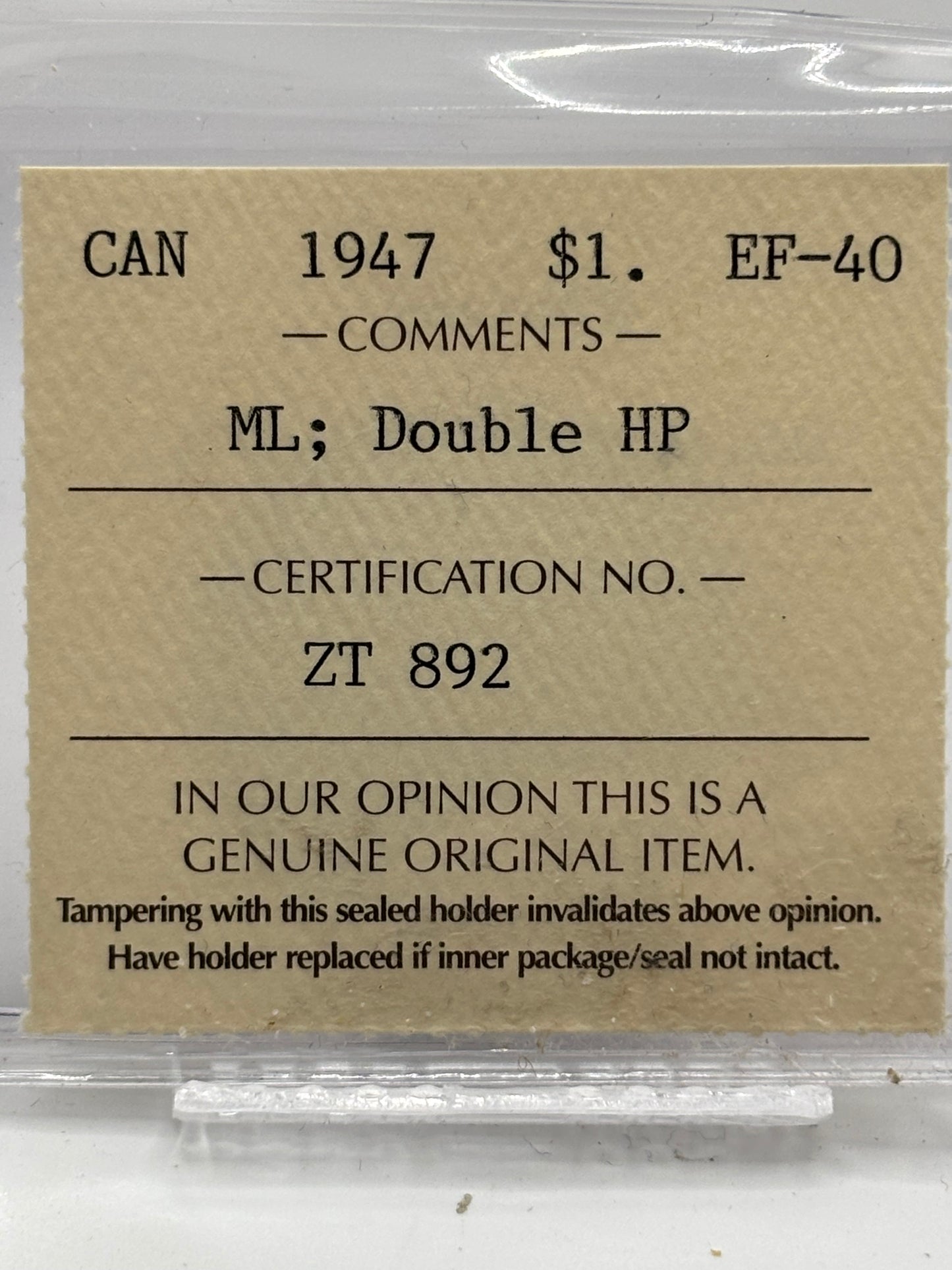 1947 Canada $1 ML Double HP. ICCS graded EF-40