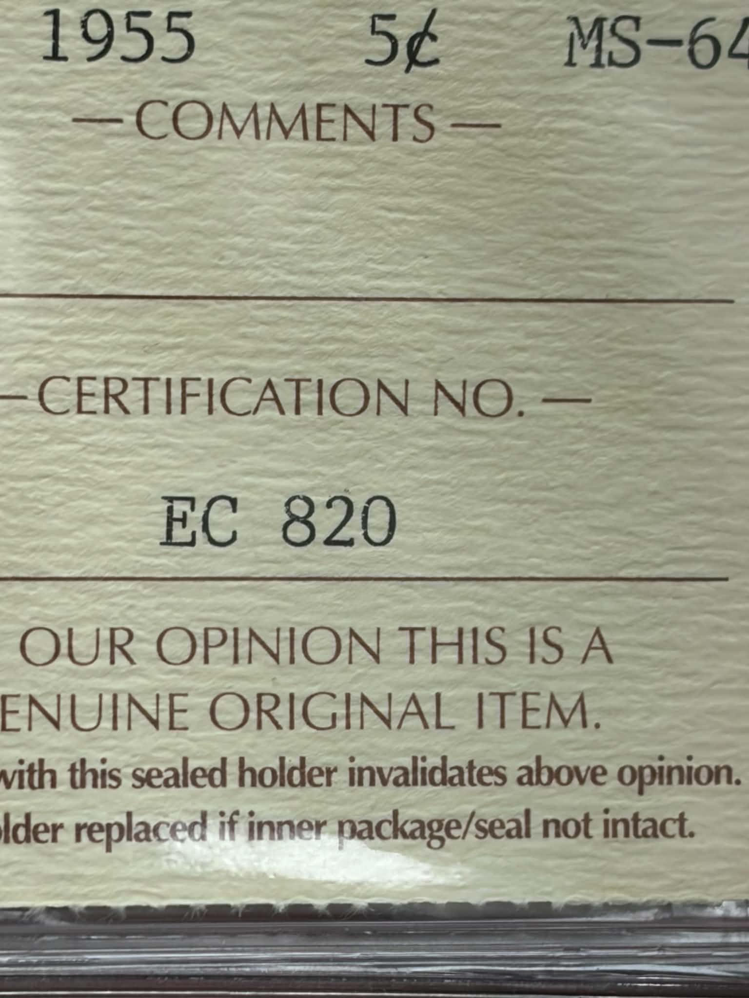 ICCS certification label for 1955 Canadian 5 Cent MS-64 — Cert No. EC 820