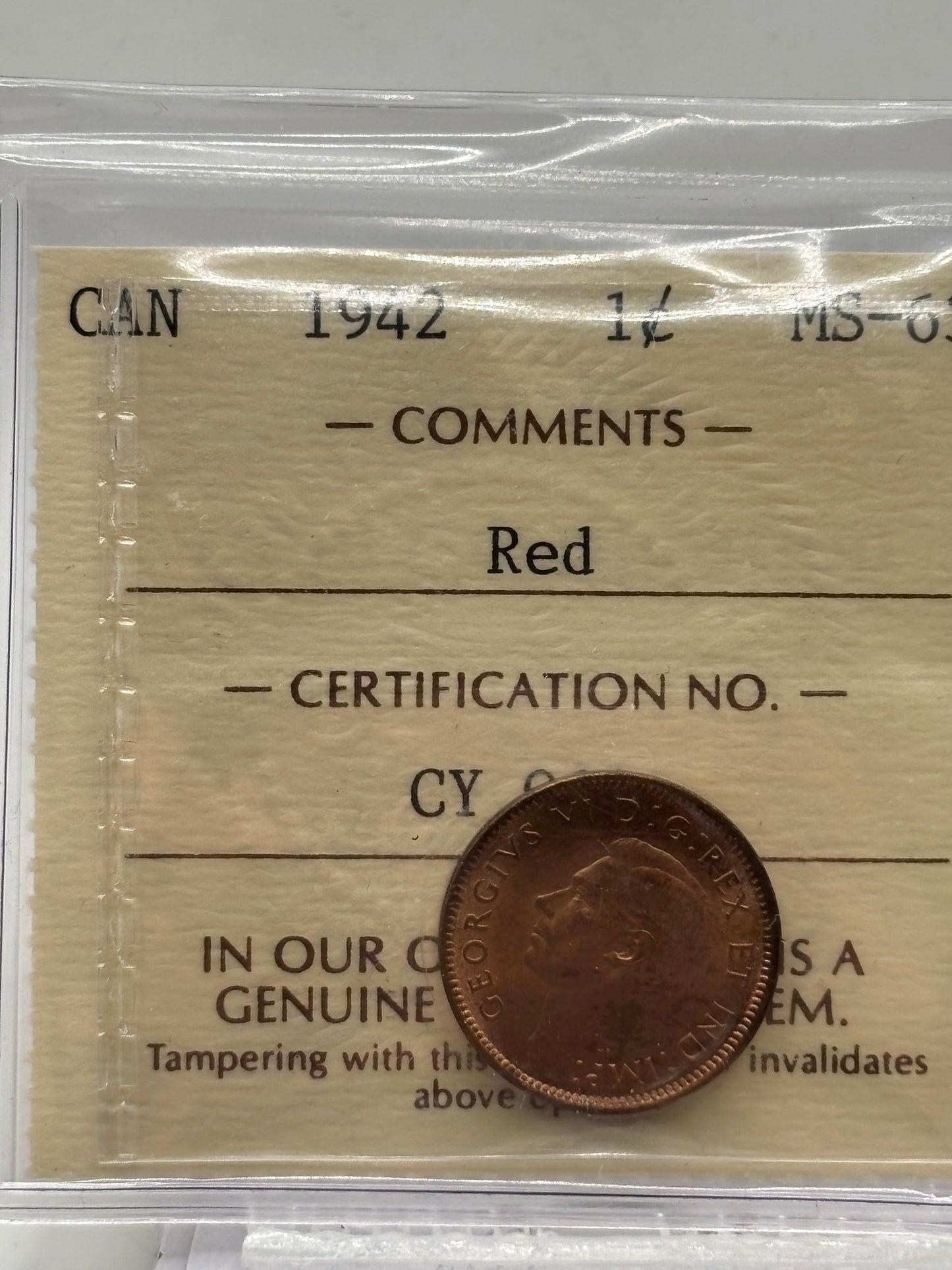 1942 Canada $0.01. ICCS graded MS-63 Red
