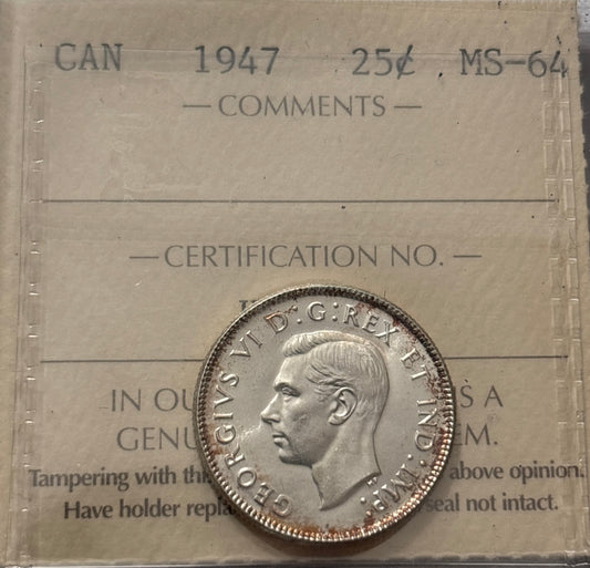 1947 Canada 25 Cent. ICCS graded MS-64