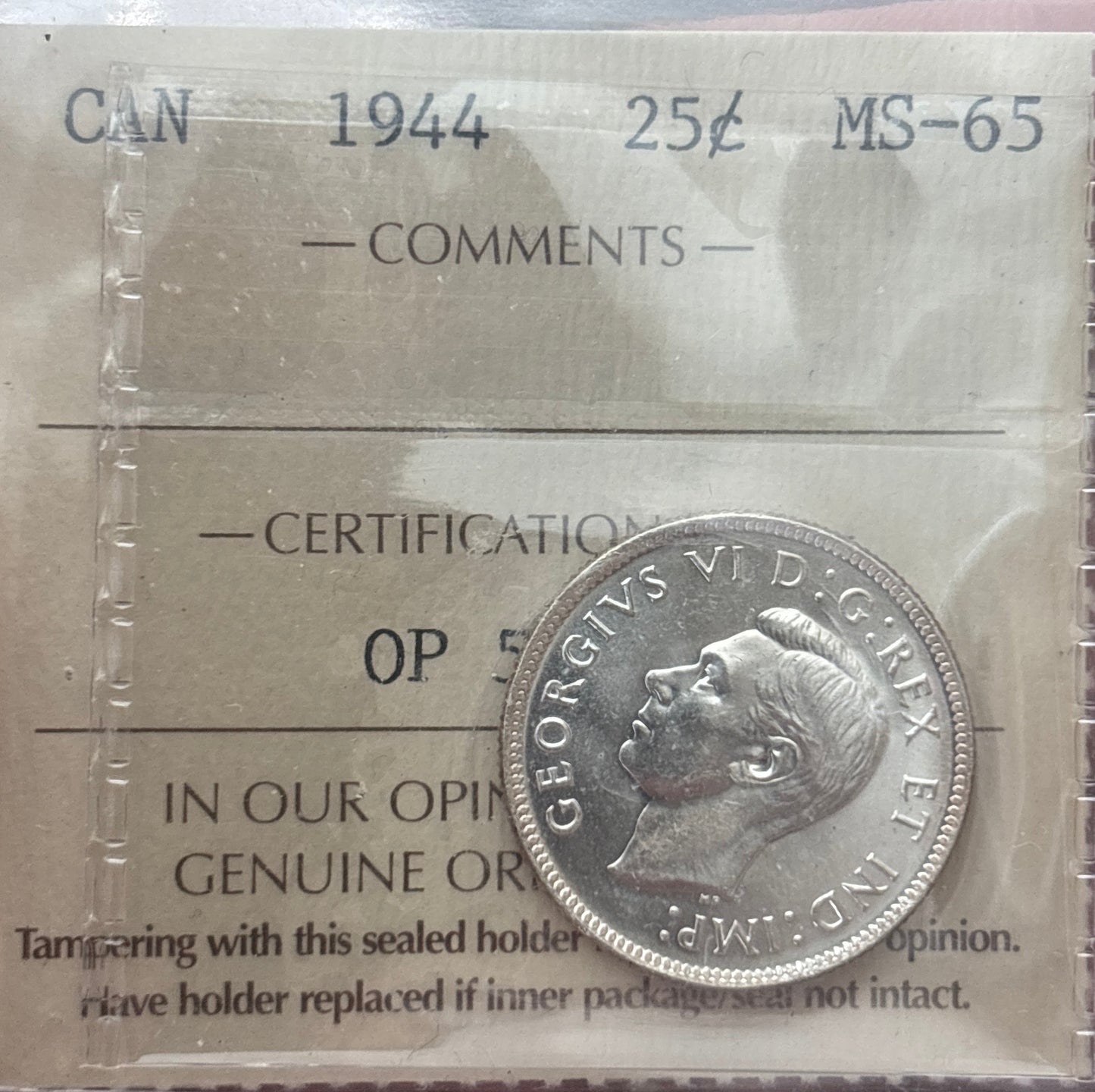 1944 Canada 25 Cent. ICCS graded MS-65