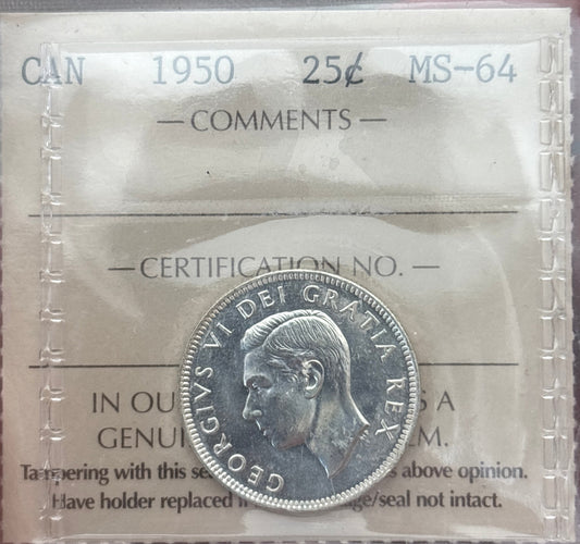 1950 Canada 25 Cent. ICCS graded MS-64