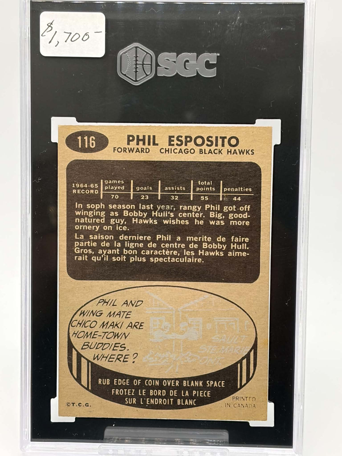 1965-66 Topps #116 Phil Esposito card front in SGC 6.5 holder, certification 7026426