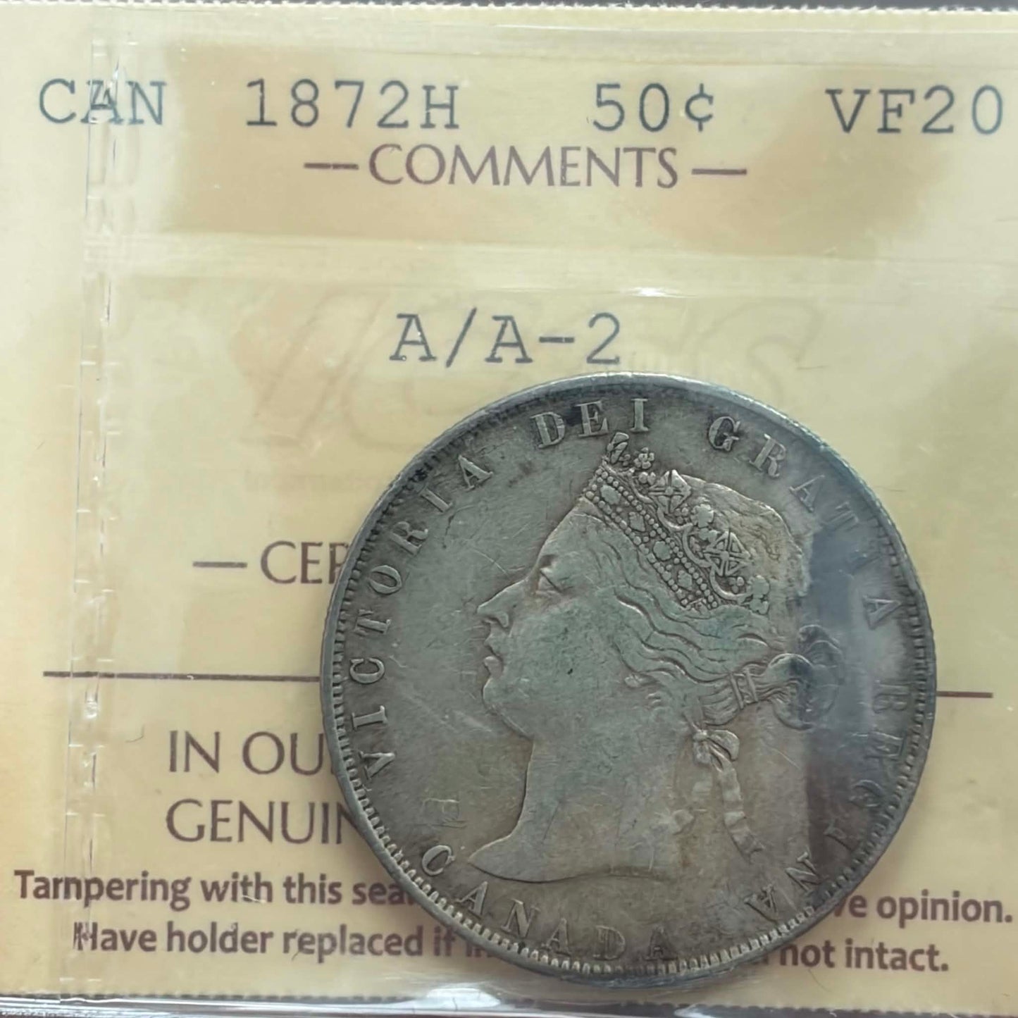 1872H Canadian 50 Cents — obverse showing Queen Victoria Young Head portrait in ICCS holder, VF-20