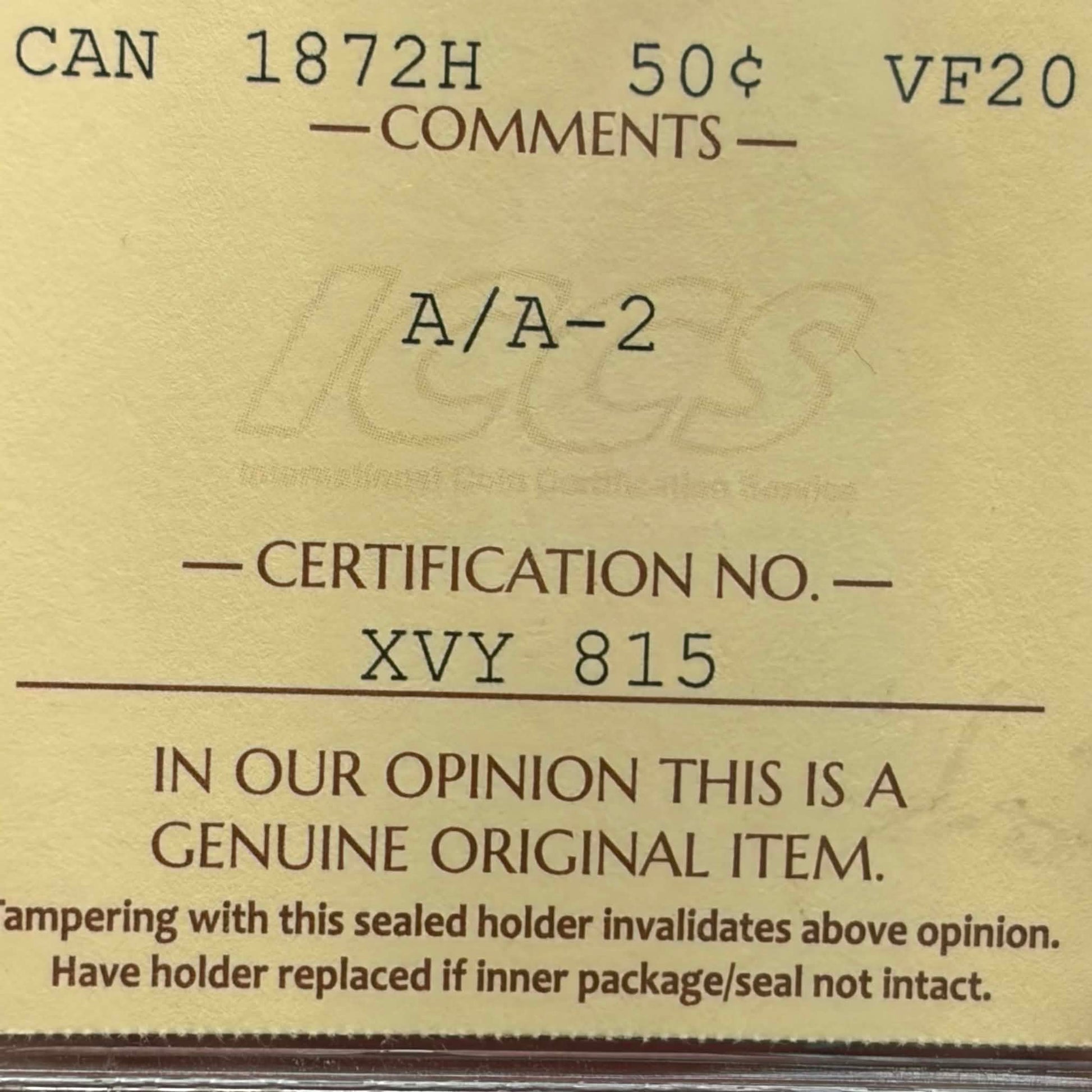 ICCS certification label — 1872H Canadian 50 Cents VF-20 A/A-2, Cert No. XVY 815