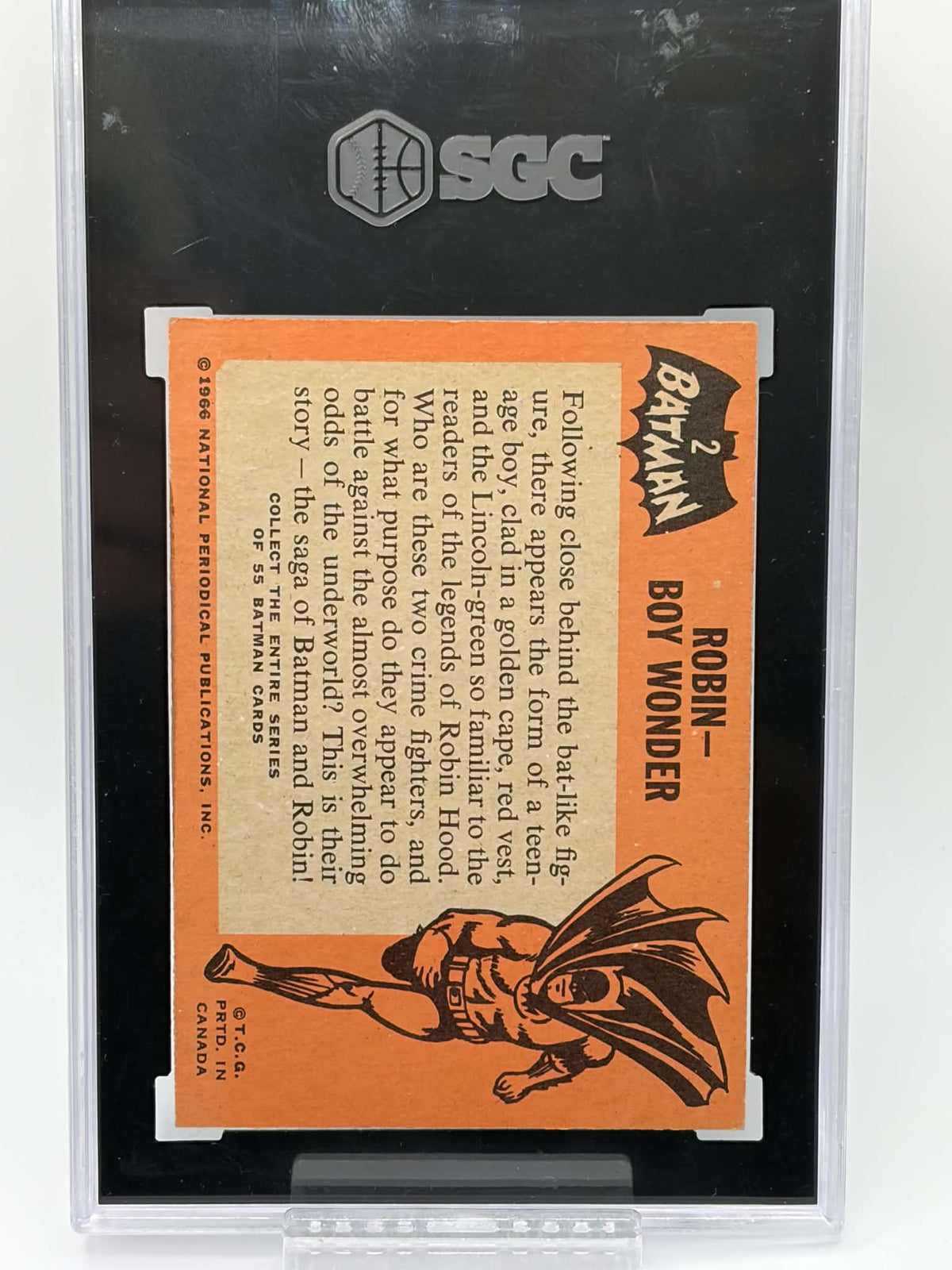 Reverse of 1966 Topps Batman #2 Robin–Boy Wonder showing PRTD. IN CANADA marking
