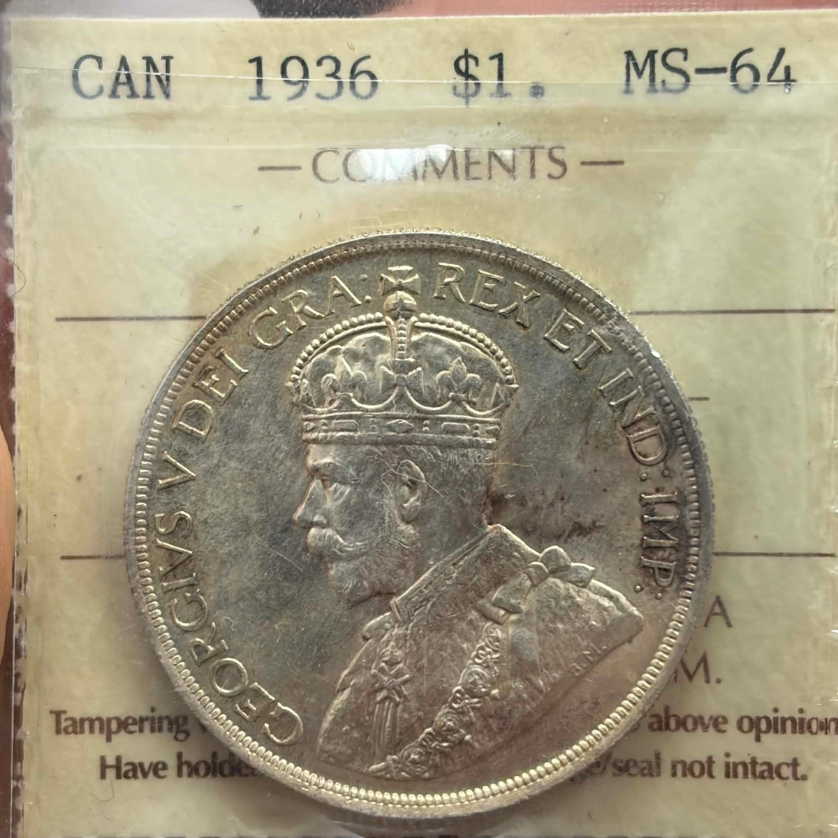 1936 Canadian Silver Dollar — obverse showing George V crowned portrait in ICCS holder, MS-64