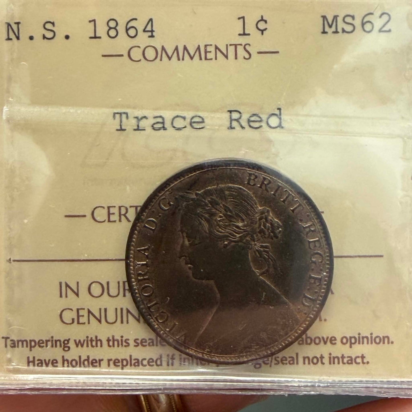 1864 Nova Scotia 1 Cent — reverse showing Imperial Crown within floral wreath in ICCS holder