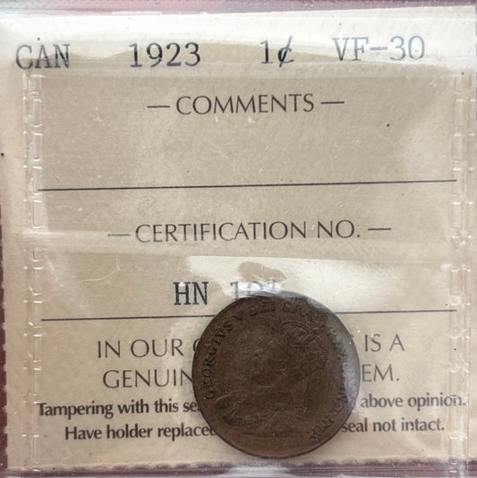 1923 Canada 1 Cent. ICCS graded VF-30