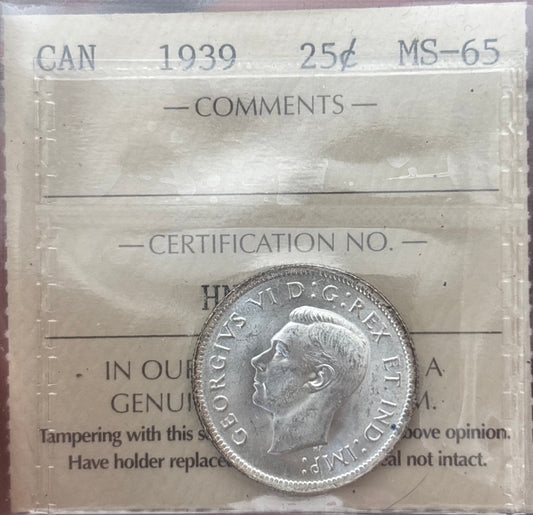1939 Canada 25 Cent. ICCS graded MS-65