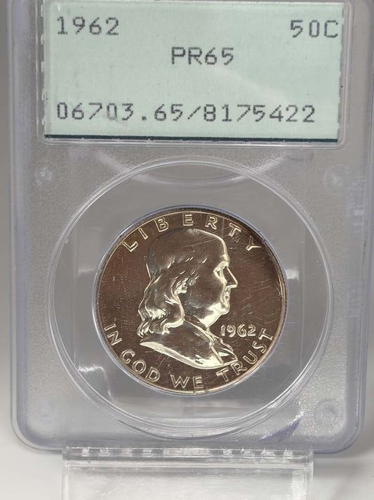1962 Franklin half dollar obverse in green-label PCGS PR65 holder, certification 8175422