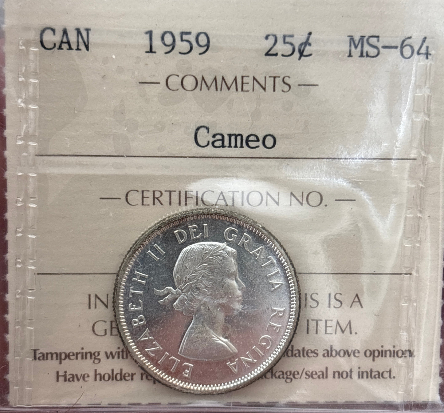 1959 Canada 25 Cent. ICCS graded MS-64 Cameo