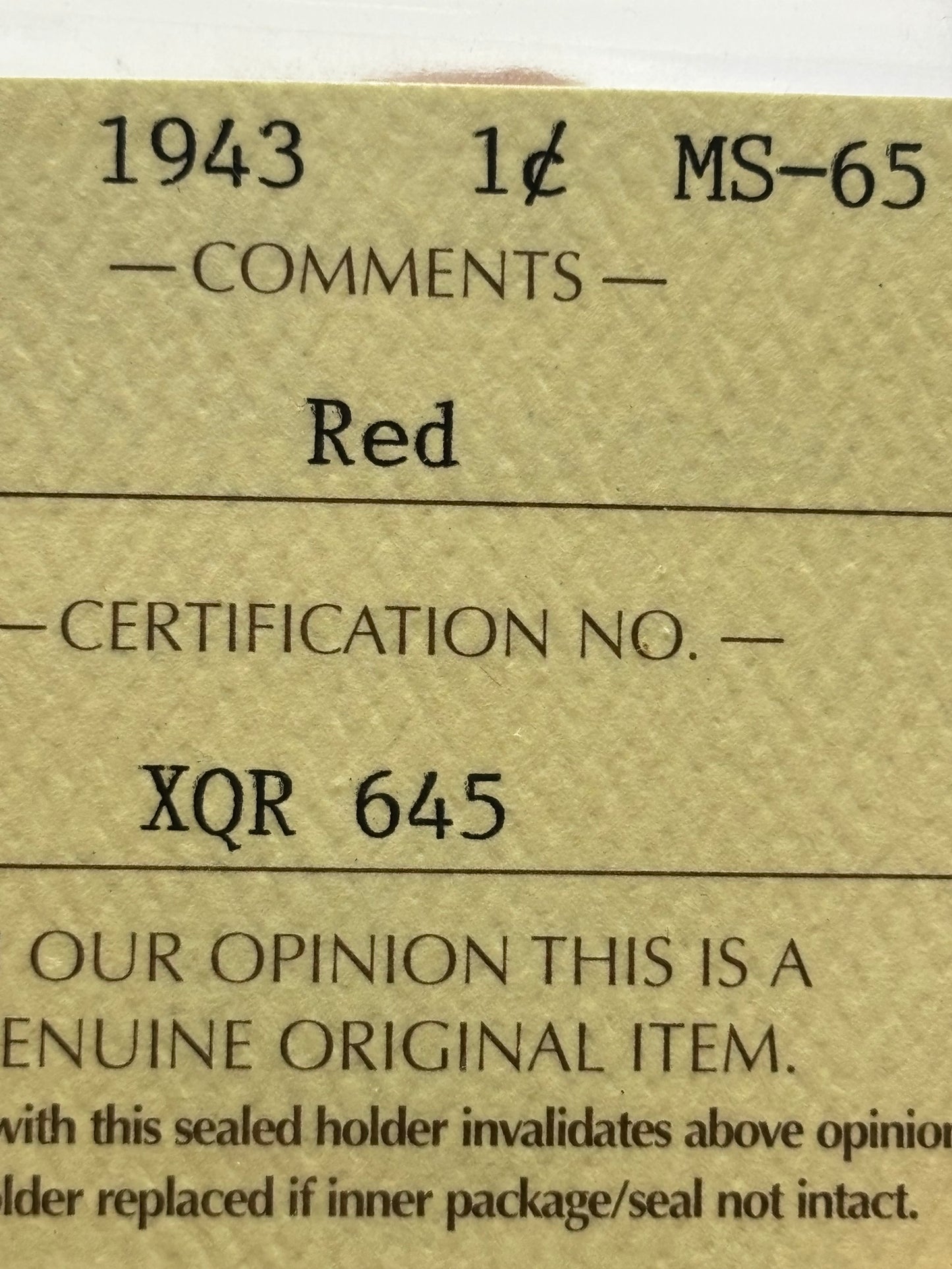 1943 Canada $0.01. ICCS graded MS-65 Red