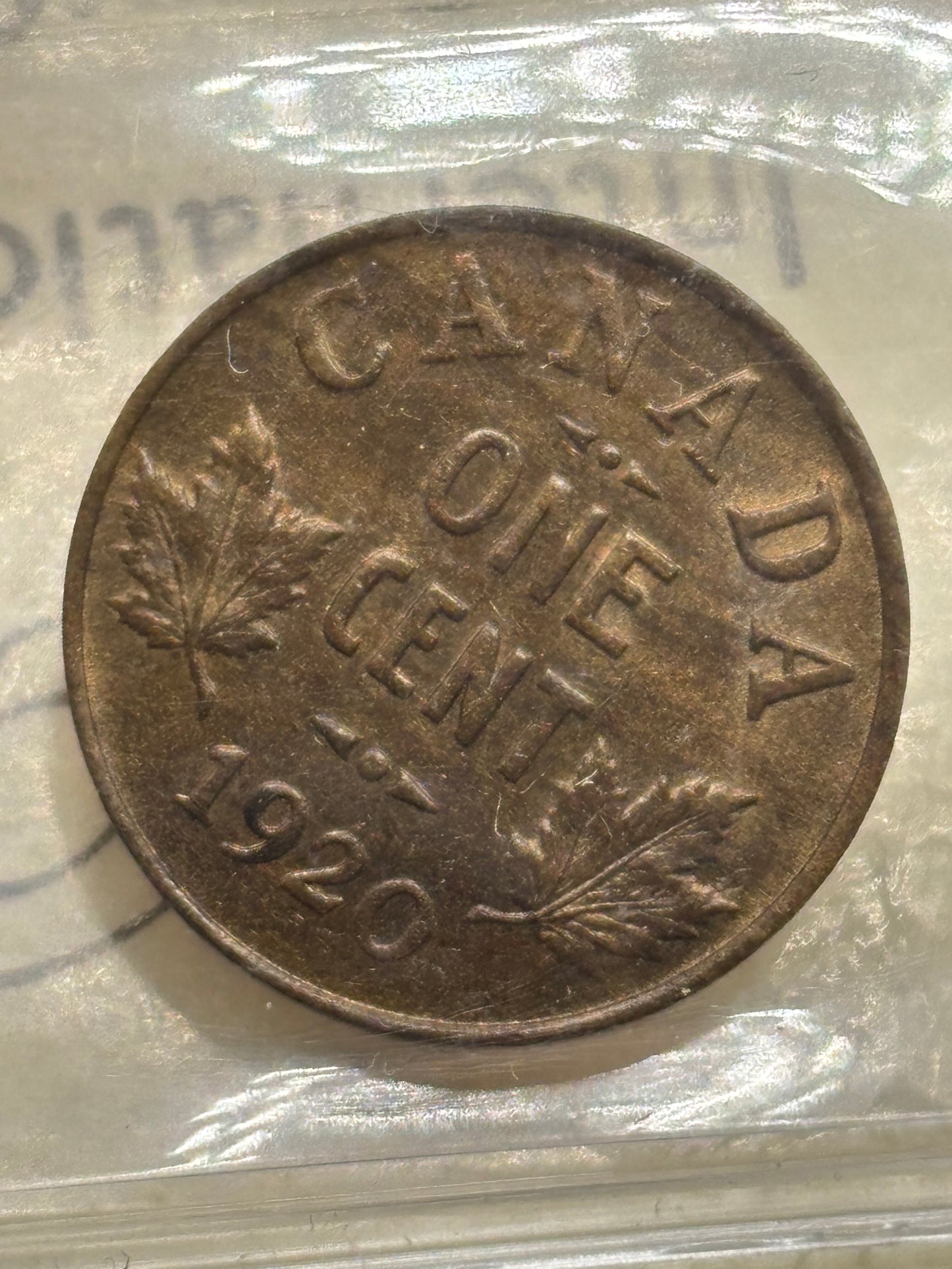 1920 Canada $0.01 small. ICCS graded MS-63 red and brown