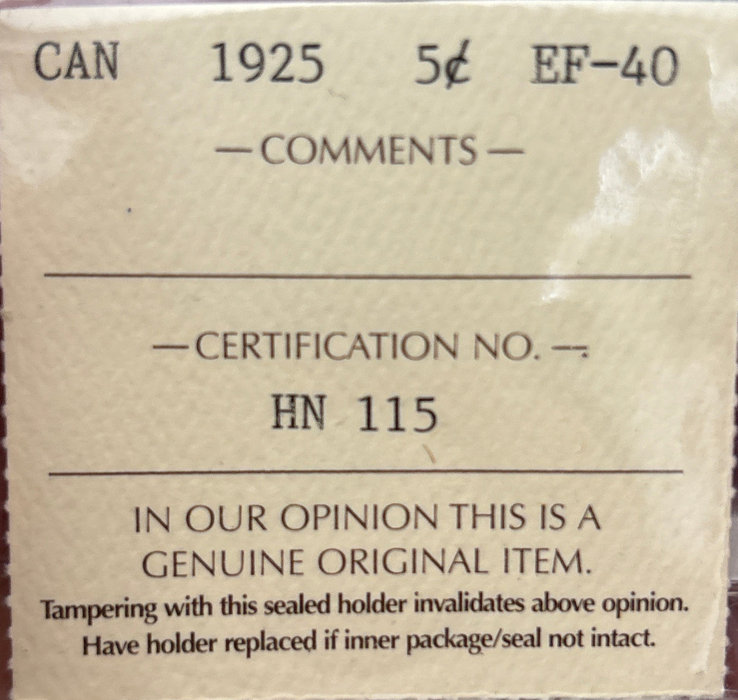 1925 Canada 5 Cent. ICCS graded EF-40