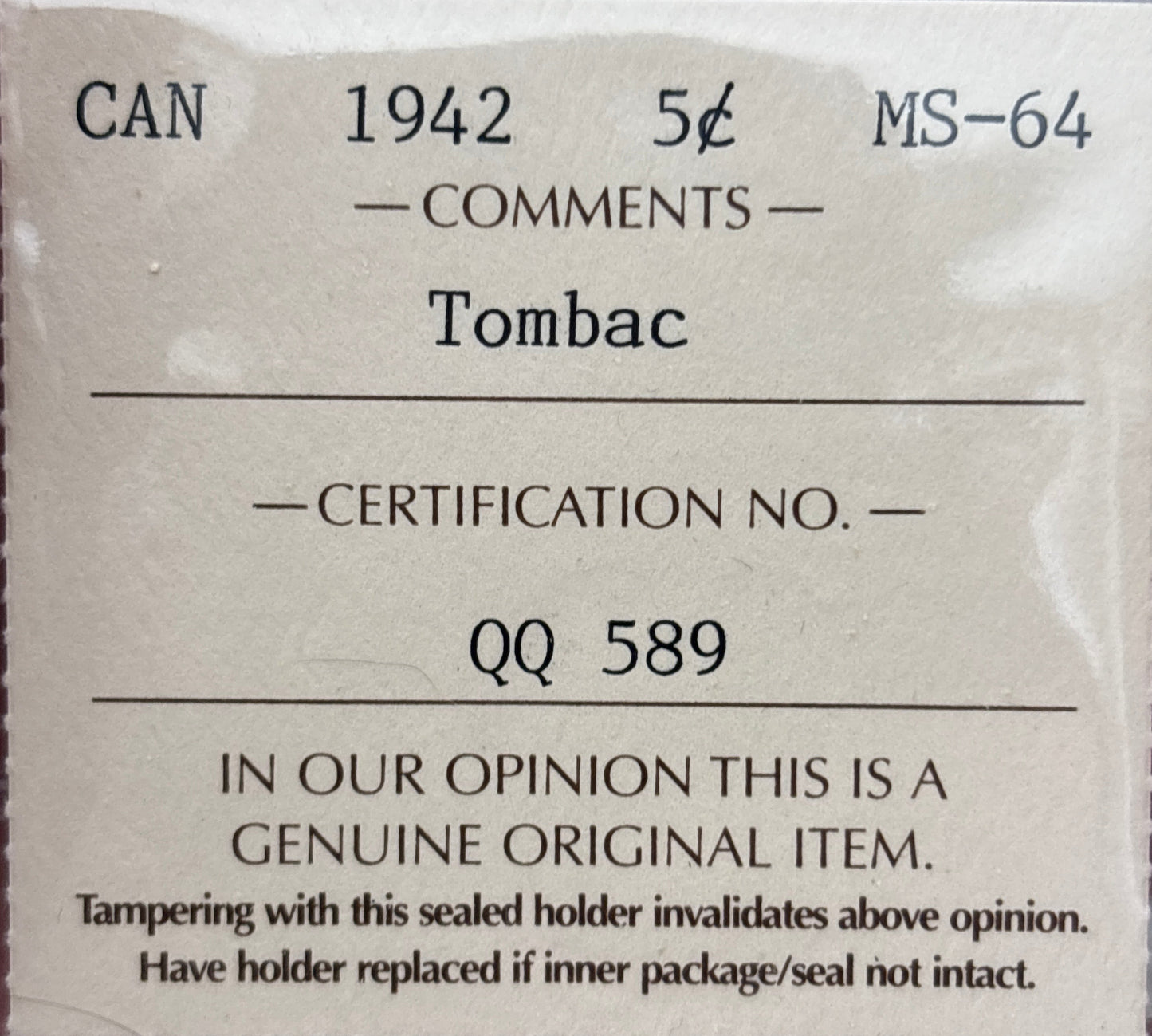 1942 Tombac Canada 5 Cent. ICCS graded MS-64