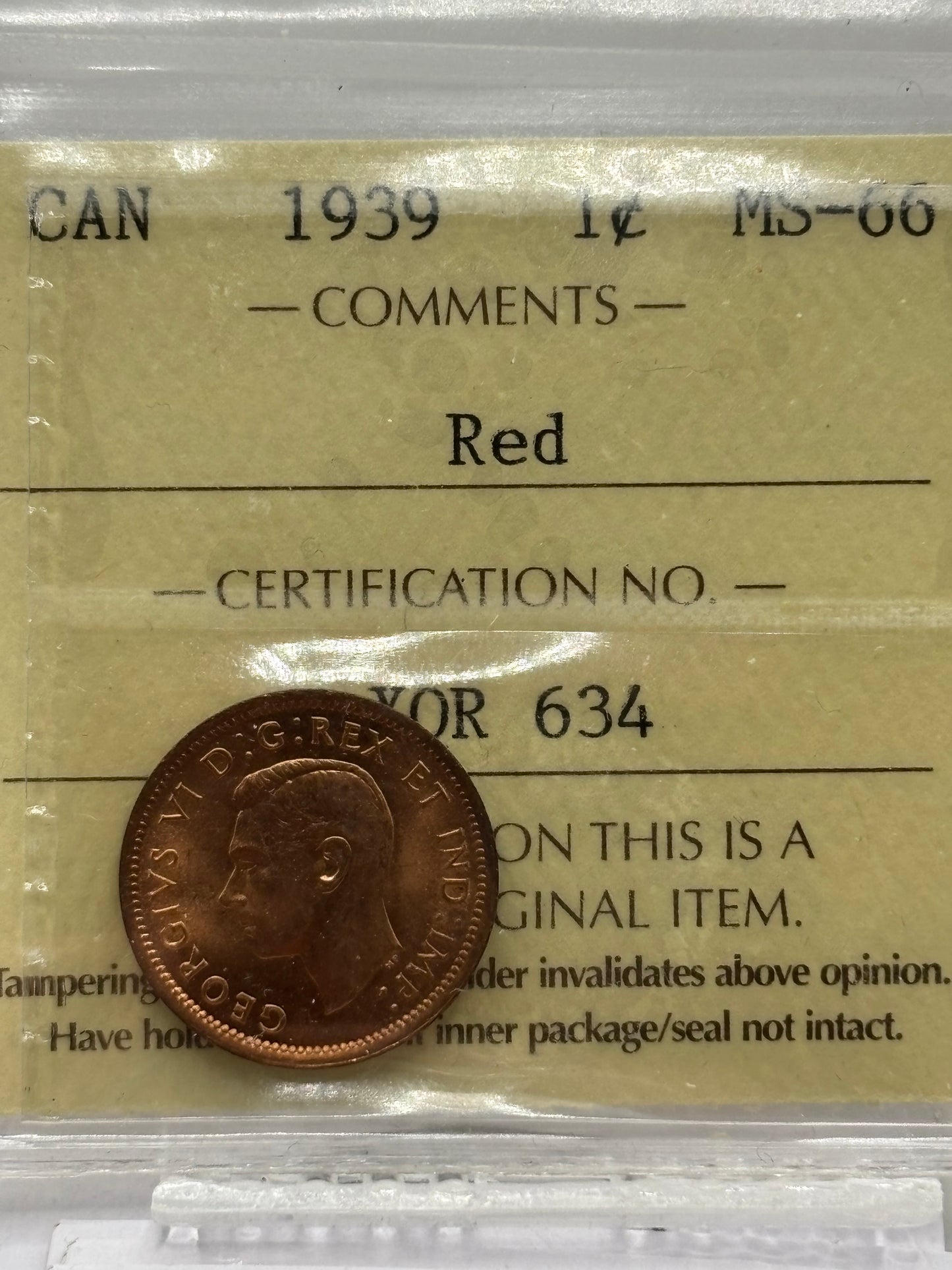 1939 Canada $0.01. ICCS graded MS-66 red! Stunning coin.