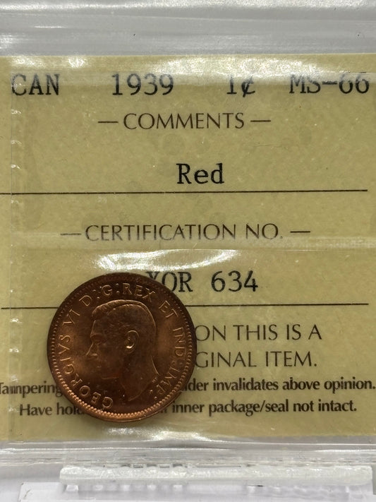 1939 Canada $0.01. ICCS graded MS-66 red! Stunning coin.
