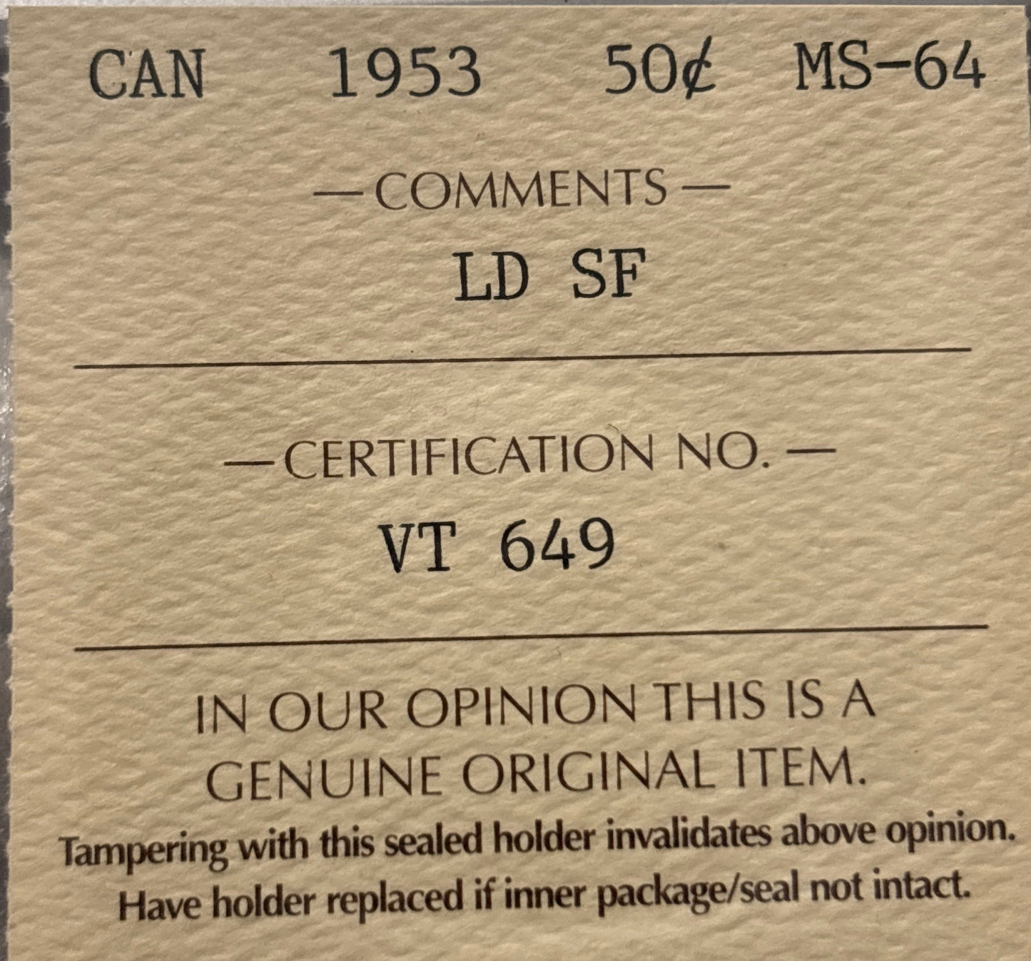 1953 LD SF Canada 50 Cent. ICCS graded MS-64