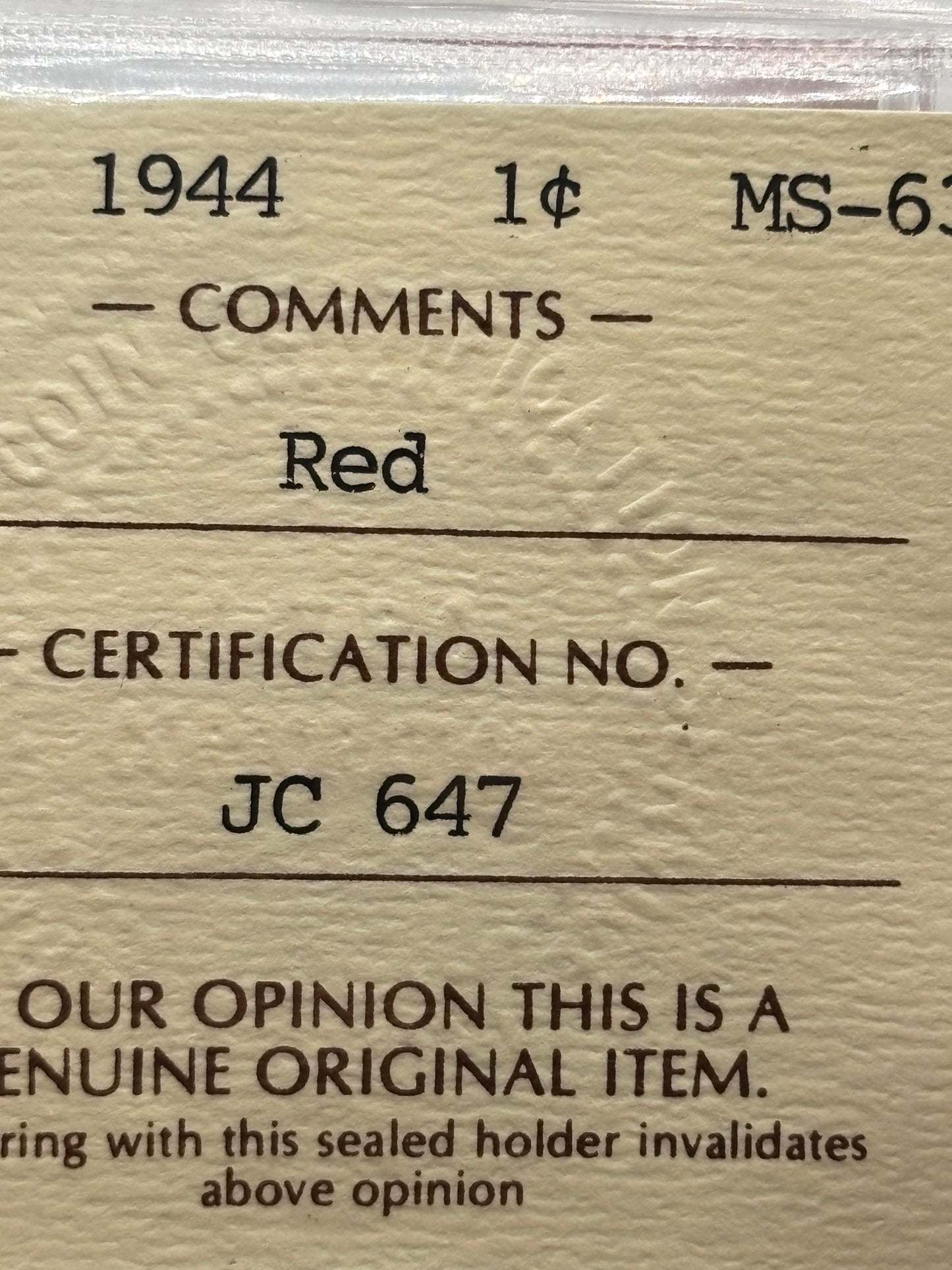 1944 Canada $0.01. ICCS graded MS-63 Red