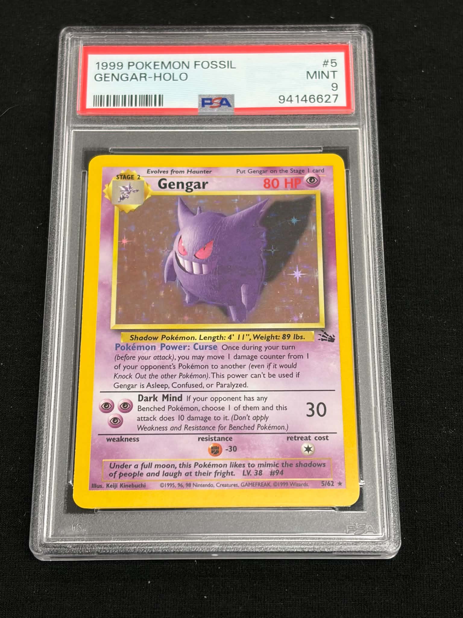 1999 Pokémon Fossil Gengar Holo #5/62 PSA 9 MINT — Back (PSA Slab)