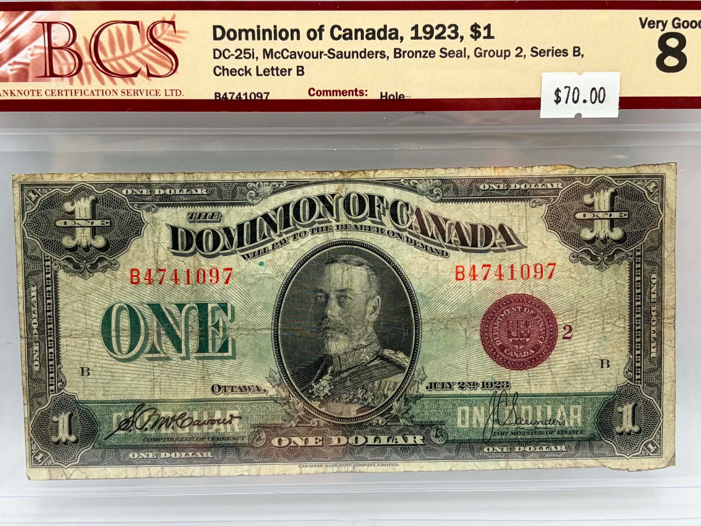 1923 Dominion of Canada $1 DC-25i McCavour-Saunders Bronze Seal BCS VG-8 - Obverse