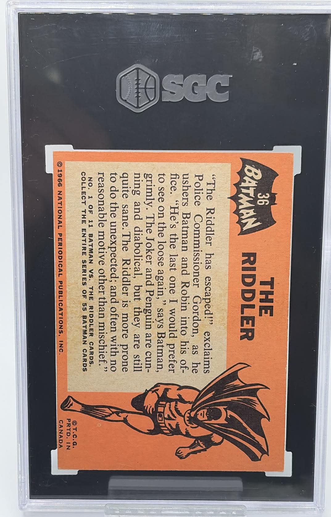 Reverse of 1966 Topps Batman #36 The Riddler showing PRTD. IN CANADA marking