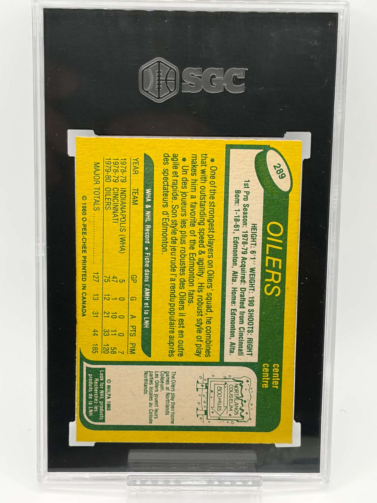 1980-81 O-Pee-Chee #289 Mark Messier rookie card front in SGC 7 NM holder, certification 5513275