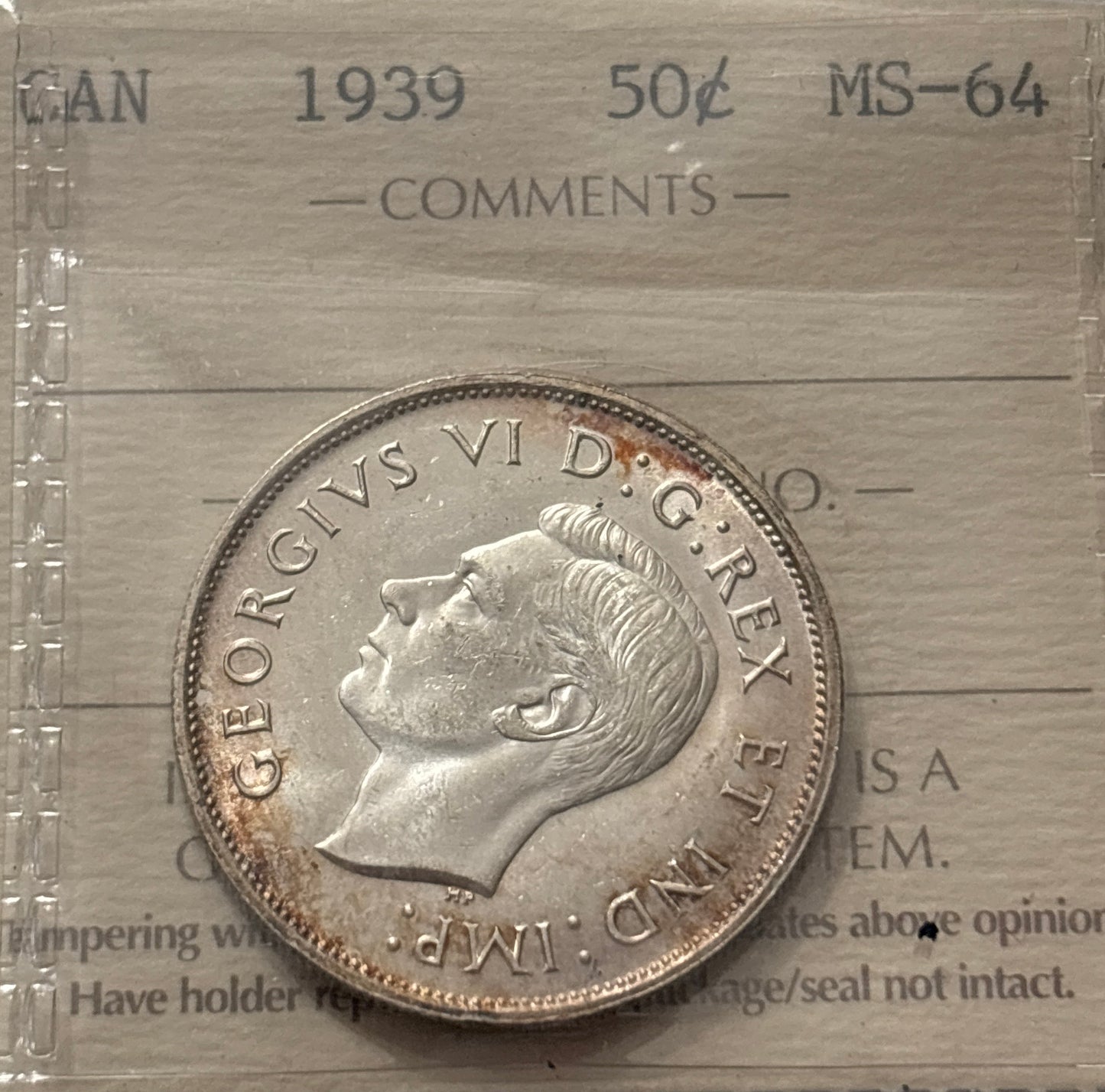 1939 Canada 50 Cent. ICCS graded MS-64