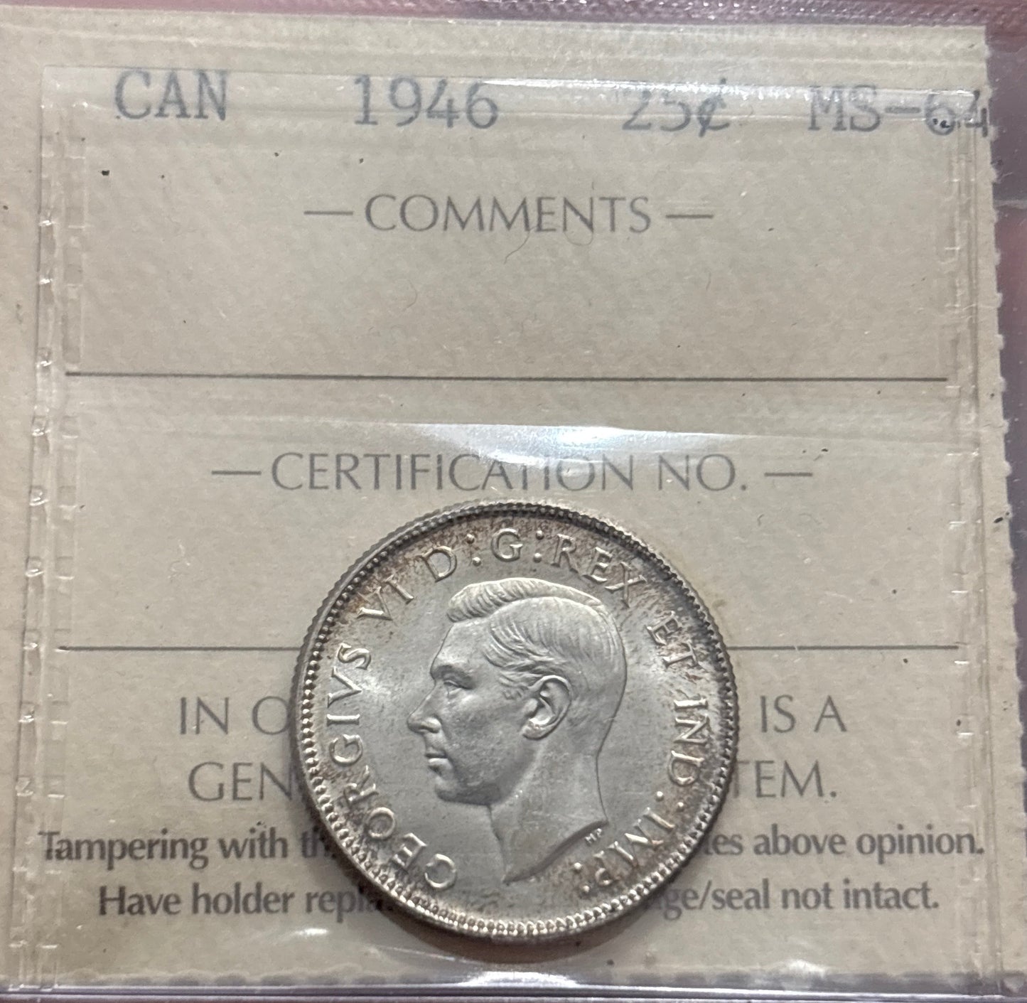 1946 Canada 25 Cent. ICCS graded MS-64