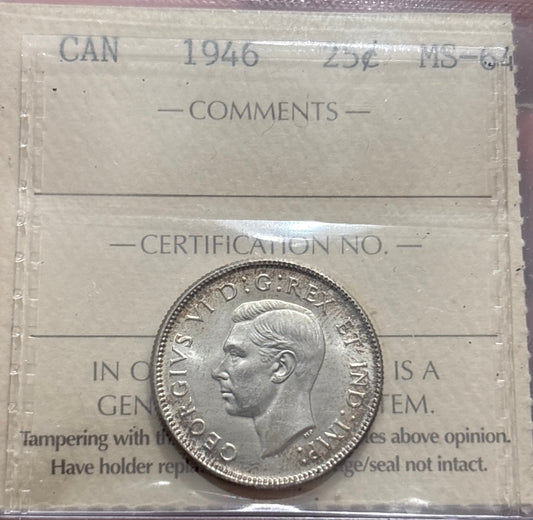1946 Canada 25 Cent. ICCS graded MS-64