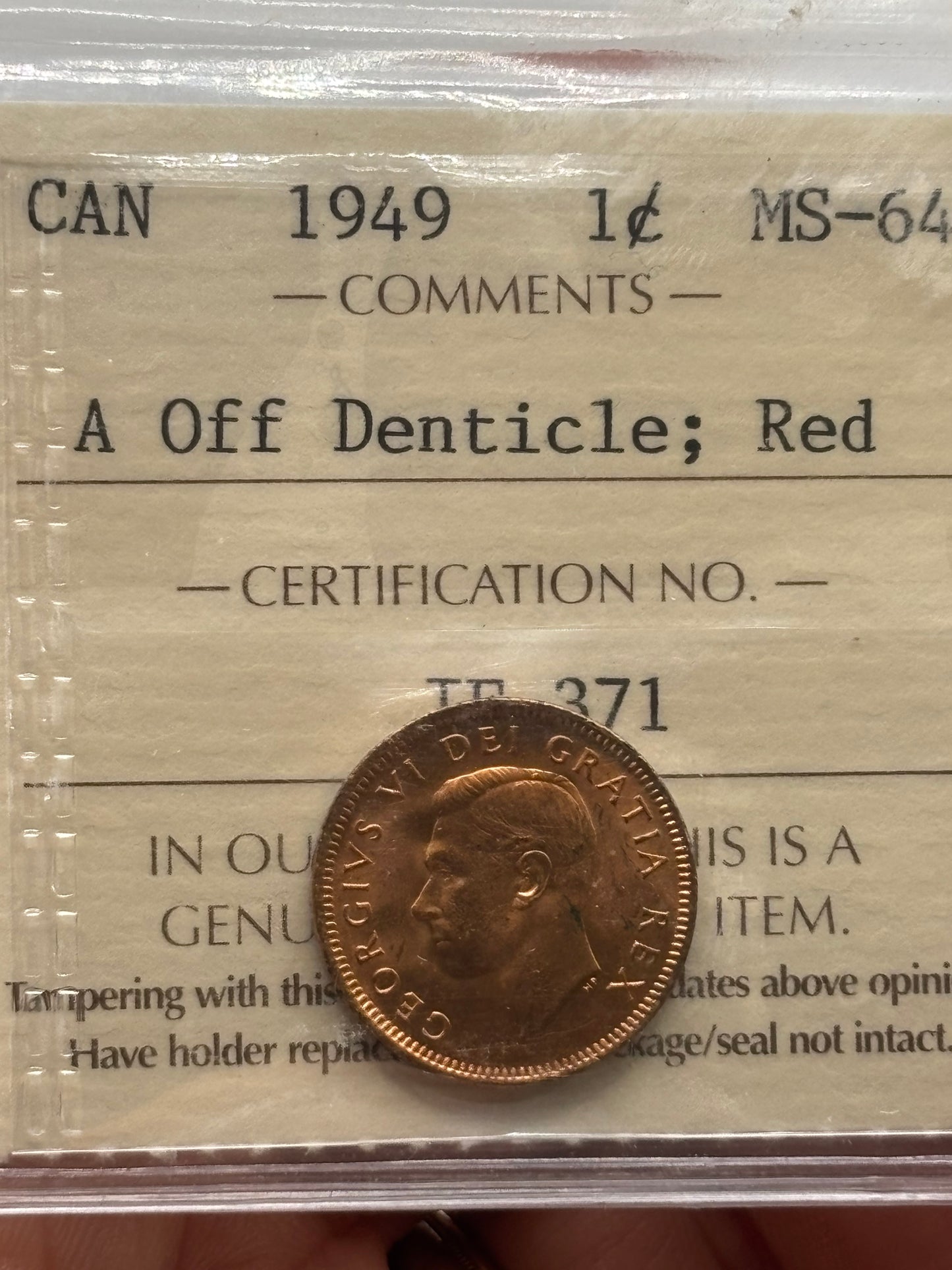 1949 Canada $0.01. A off Denticle. ICCS graded MS-64 Red