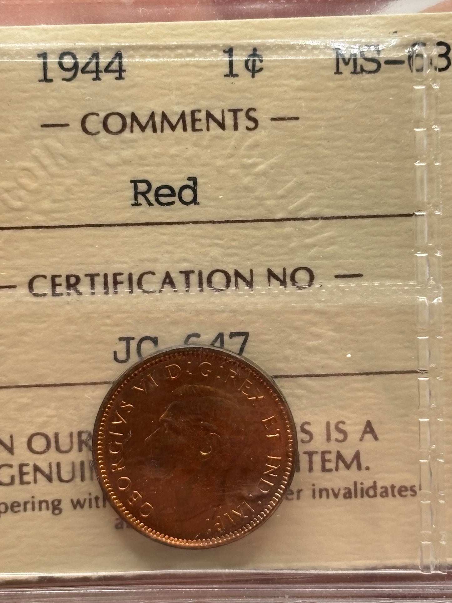 1944 Canada $0.01. ICCS graded MS-63 Red